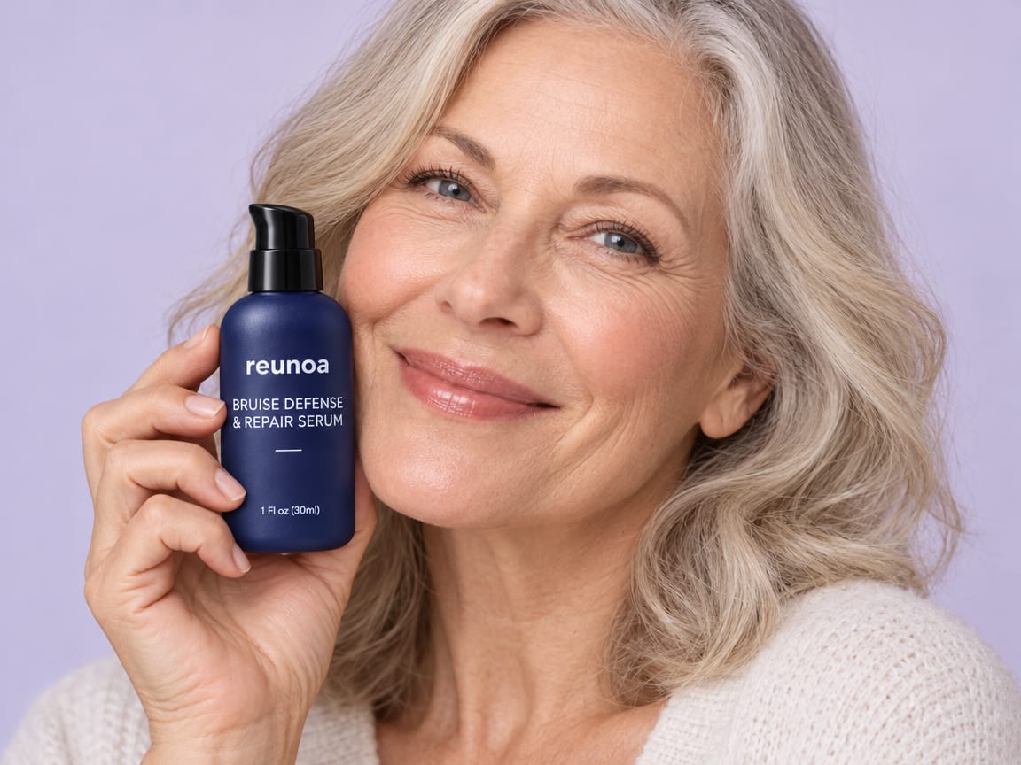 A smiling woman holding the Reunoa serum bottle