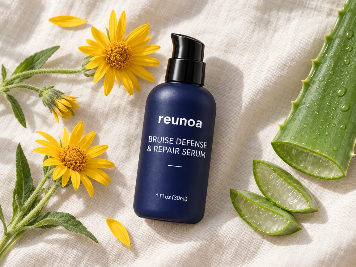 Arnica flowers, aloe and a Reunoa bottle on linen