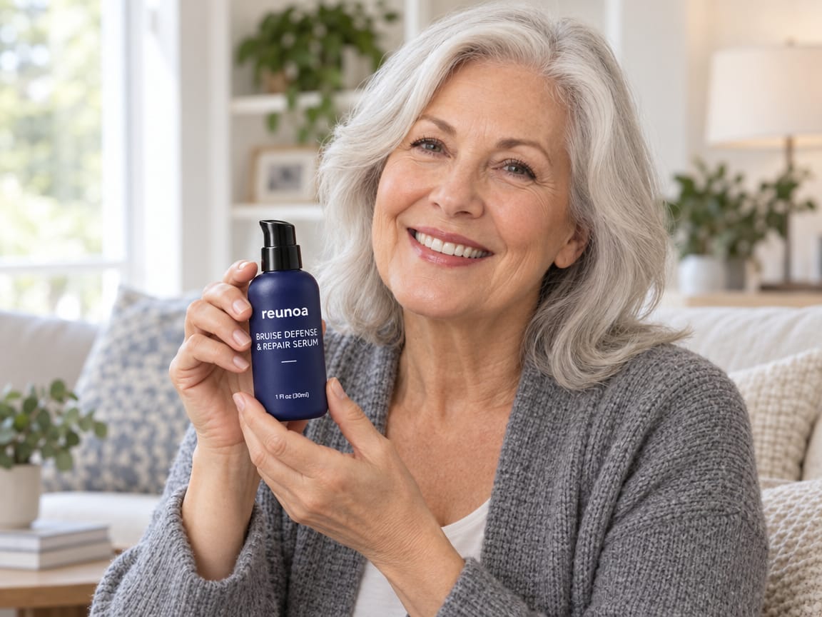 A woman relaxing at home holding the Reunoa bottle